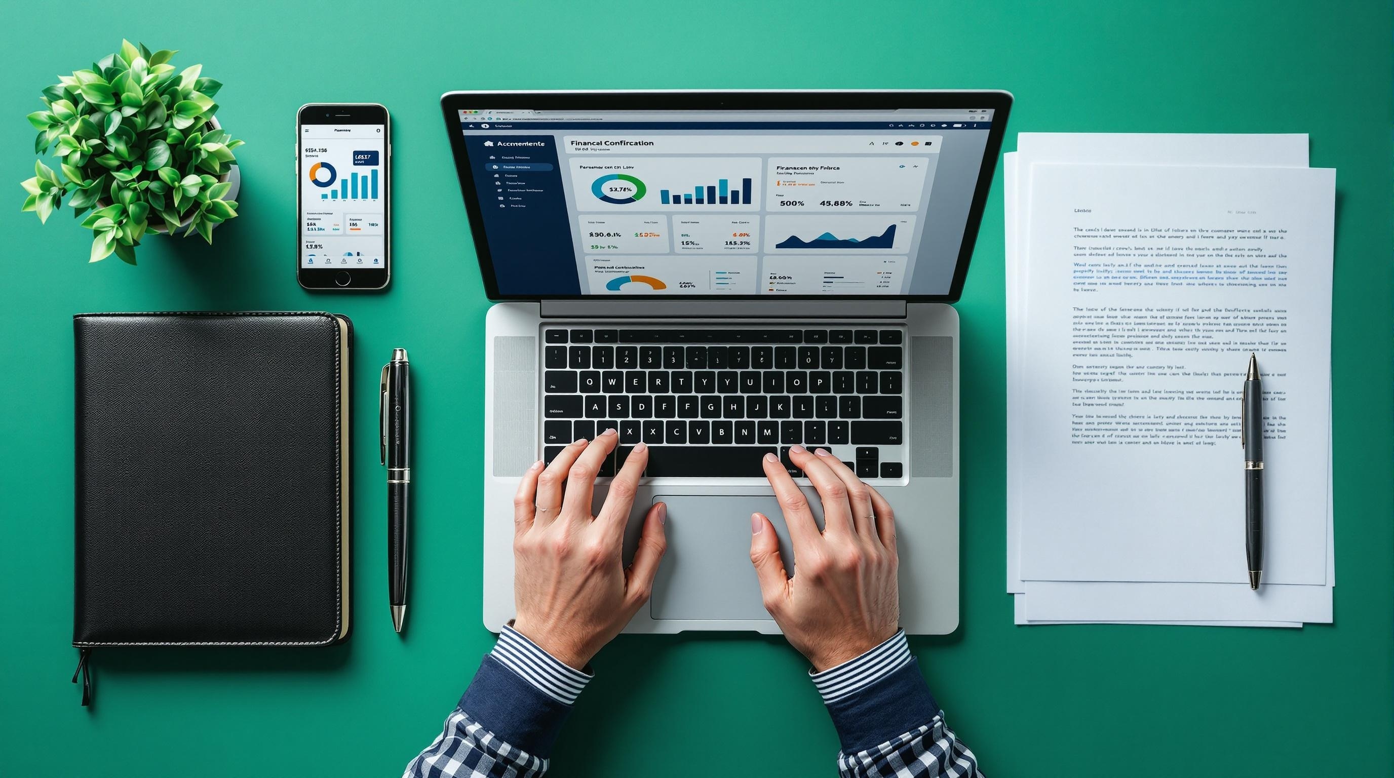 Laptop on green background with documents and pen, illustrating a workspace setup for finance and productivity tasks.