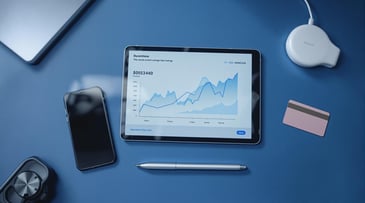 Tablet displaying financial data graph, smartphone, pen, and cards on a blue desk, representing digital finance concepts.