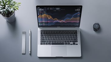Laptop on a desk displaying data analytics graphs, accompanied by a plant, pen, ruler, and smartwatch.
