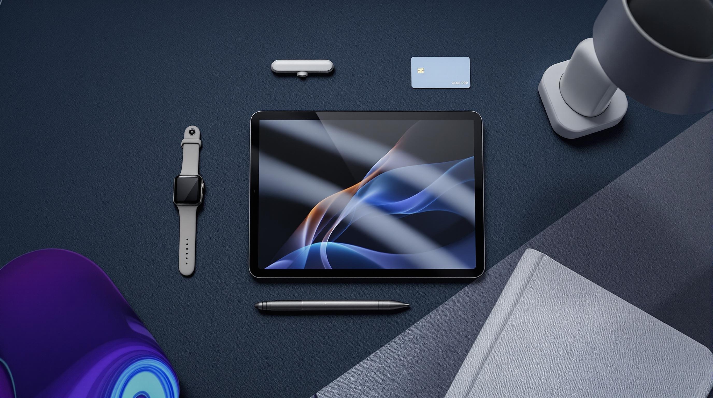 Flat lay of a tablet, smartwatch, pen, credit card, and lamp on a dark surface, ideal for tech enthusiasts and digital lifestyle.