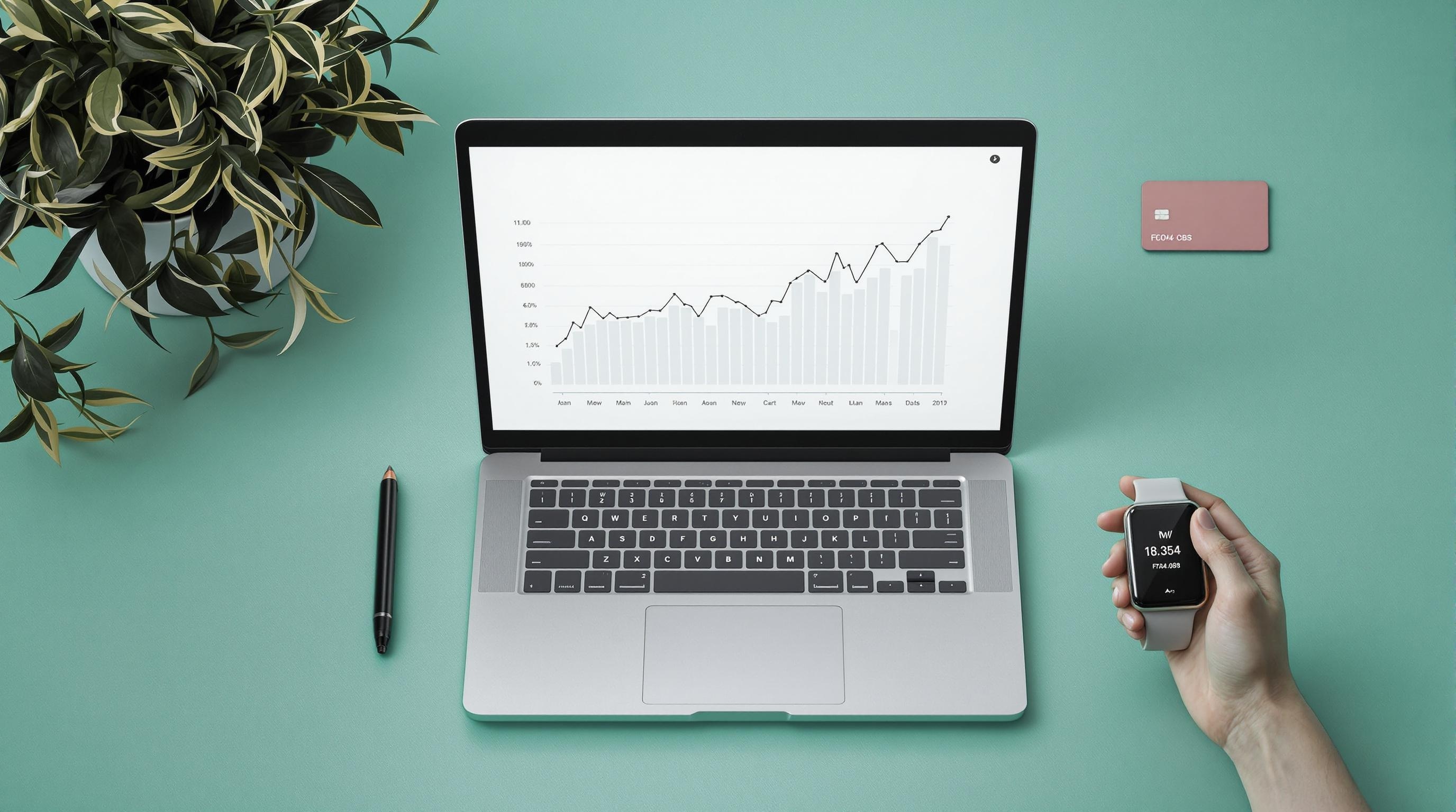 A laptop displaying a growth chart alongside a smartwatch, a pen, and a credit card on a teal background.