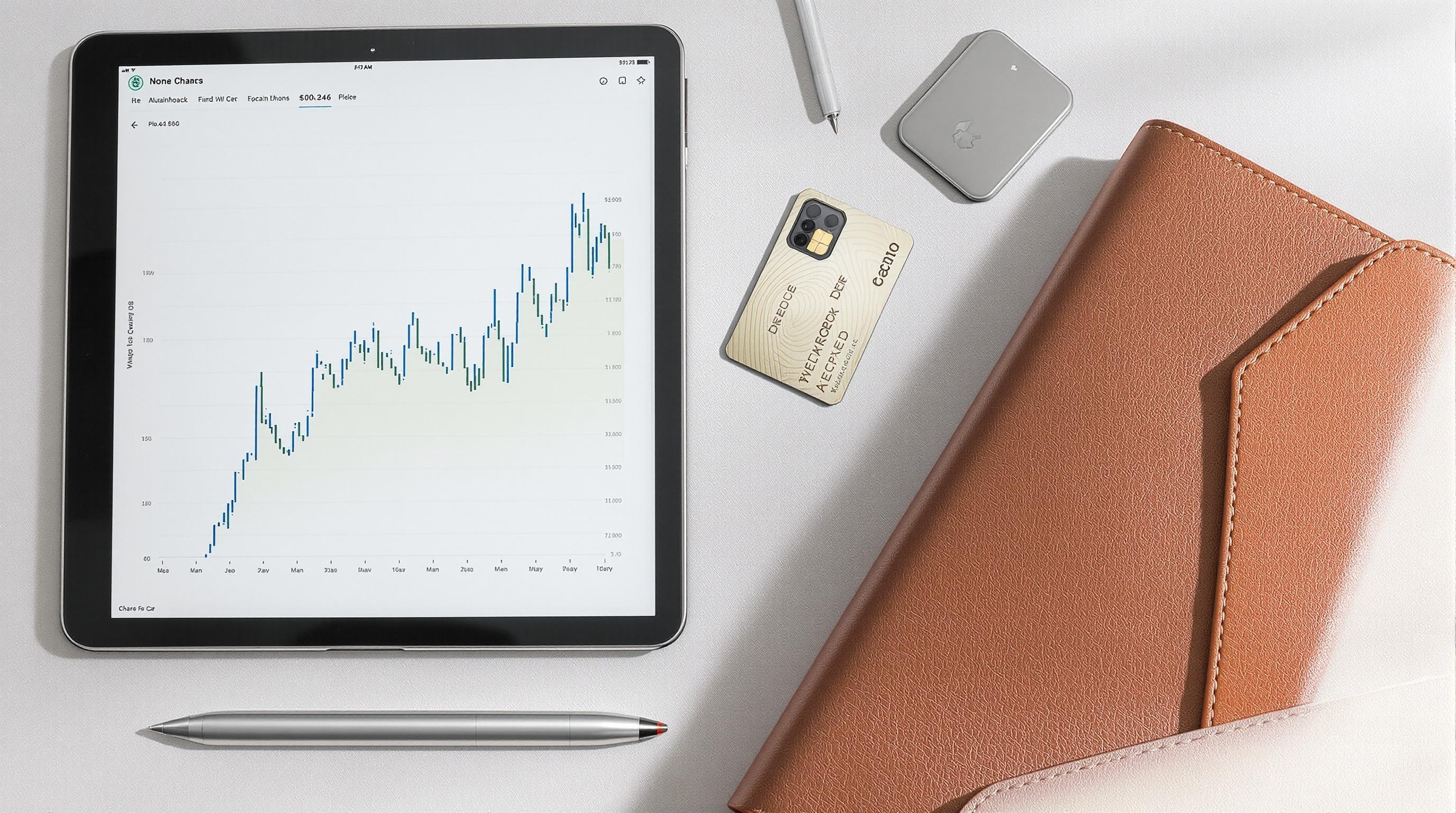 Close-up of a tablet displaying stock market data alongside a pen, cardholder, and accessories on a sleek workspace.