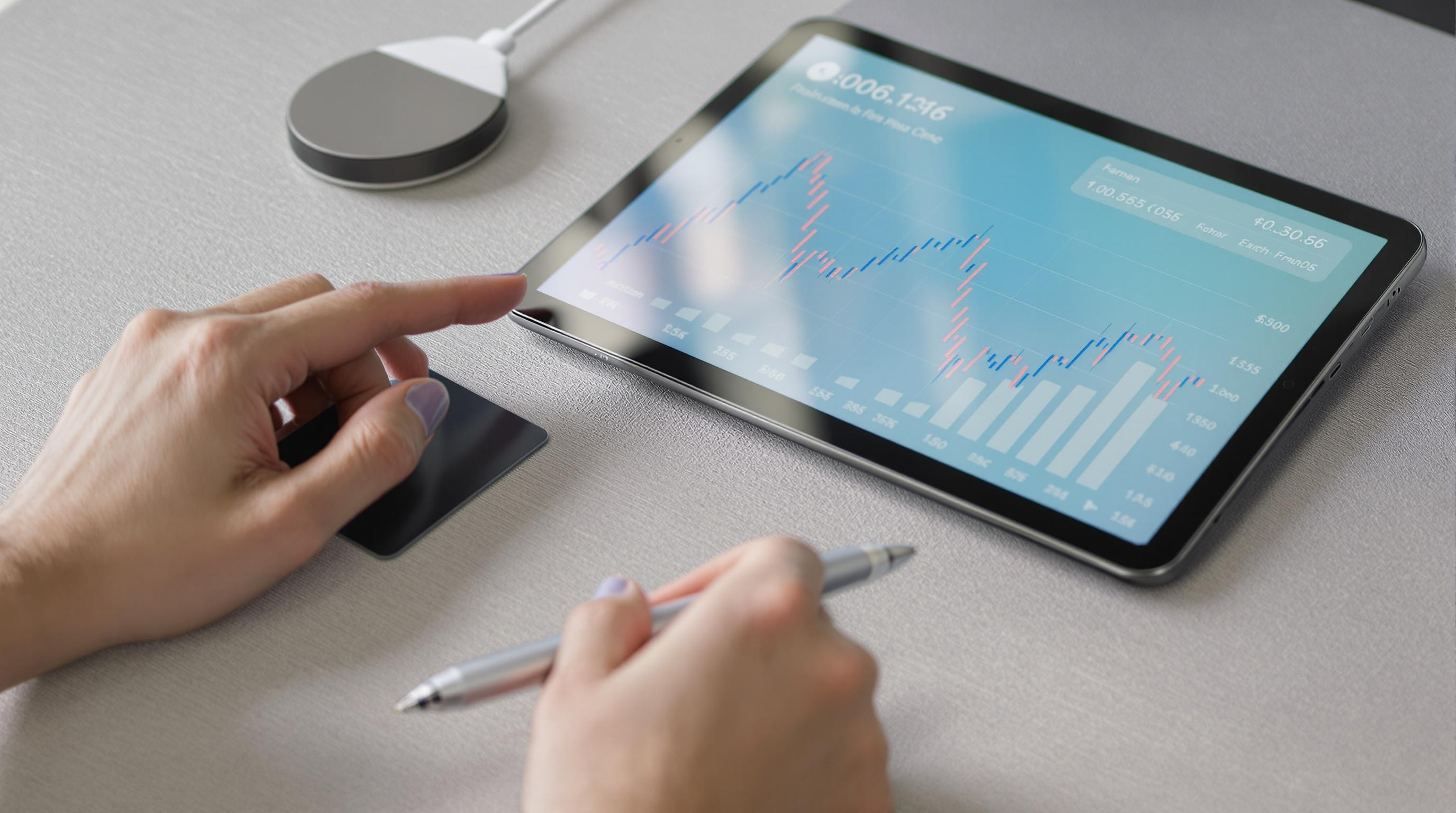 Person analyzing financial data on a tablet, showcasing graphs and statistics for investment decisions.