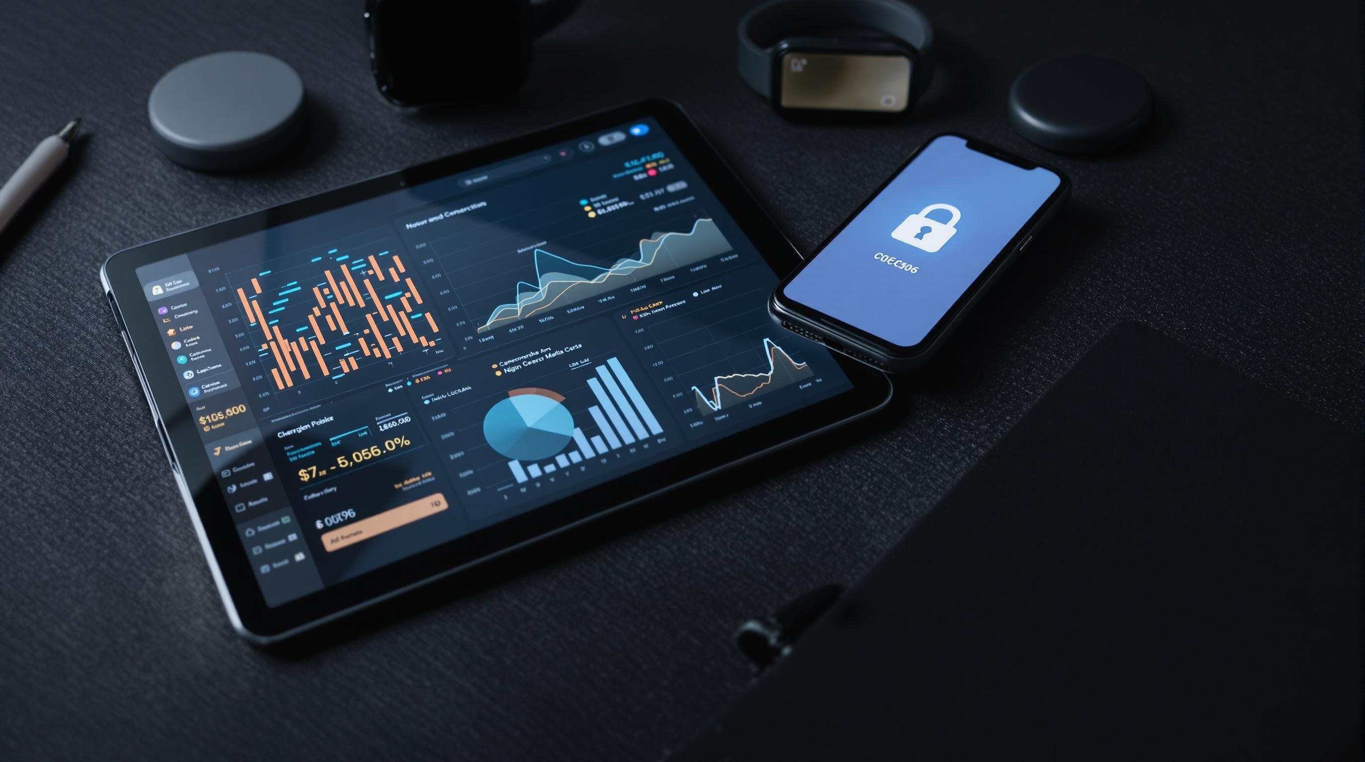 Tablet displaying financial graphs and data analytics alongside a smartphone with a lock screen, on a dark surface.