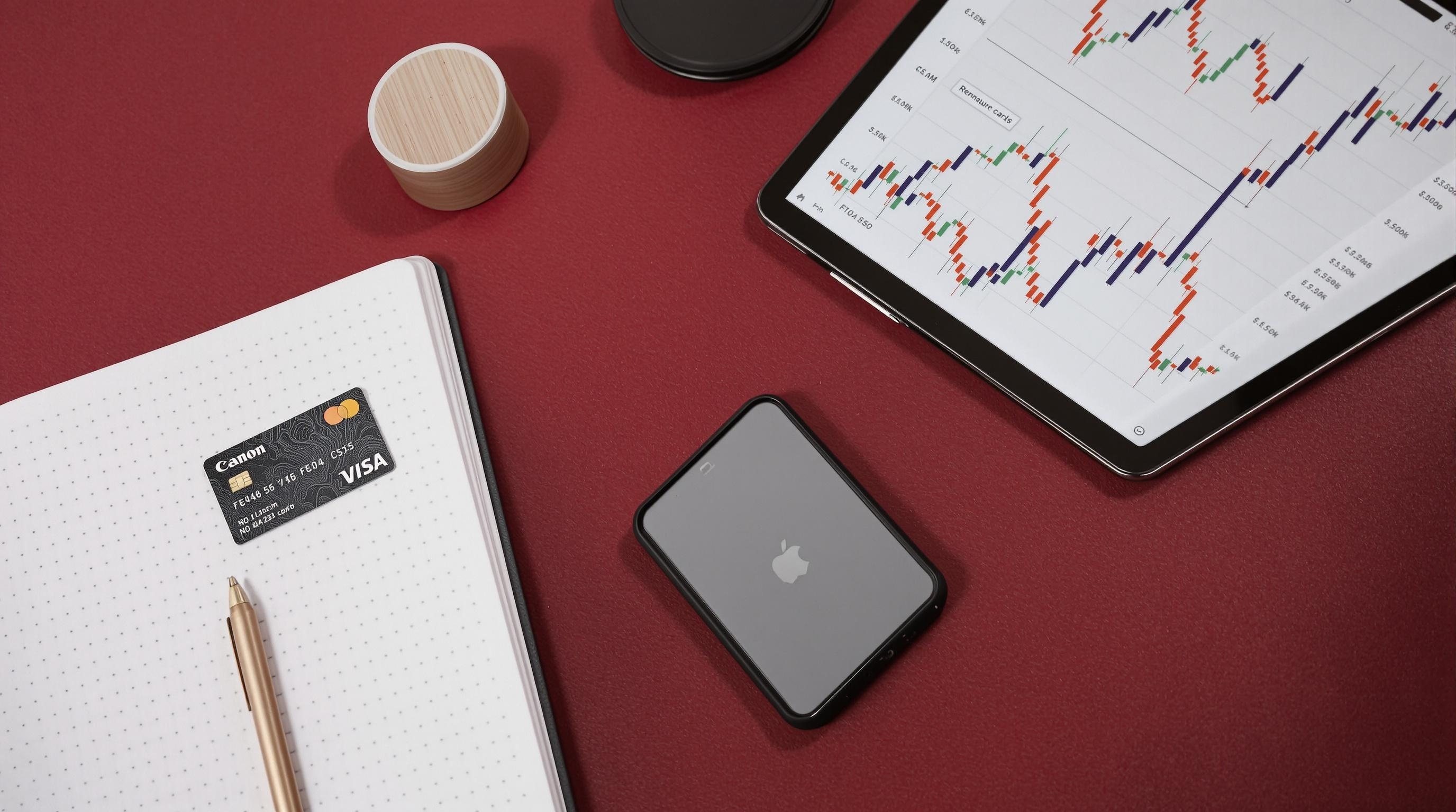 A flat lay of a financial workspace featuring a tablet with charts, a notebook, a credit card, and a pen.