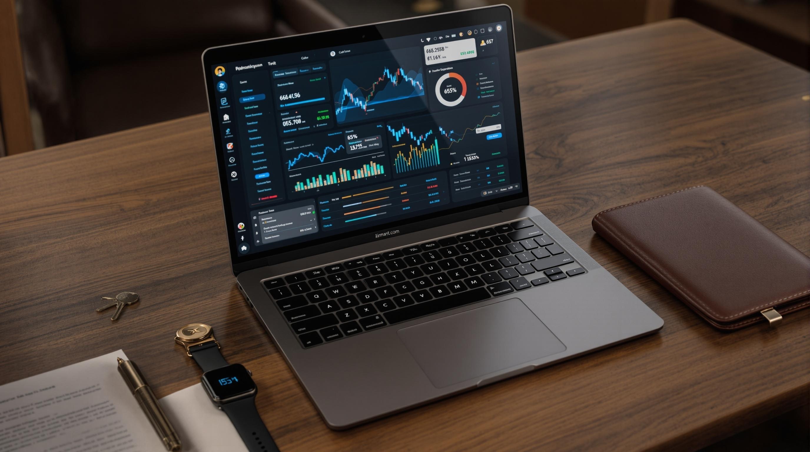A laptop displaying financial data and graphs on a wooden desk alongside keys, a pen, and a wallet.
