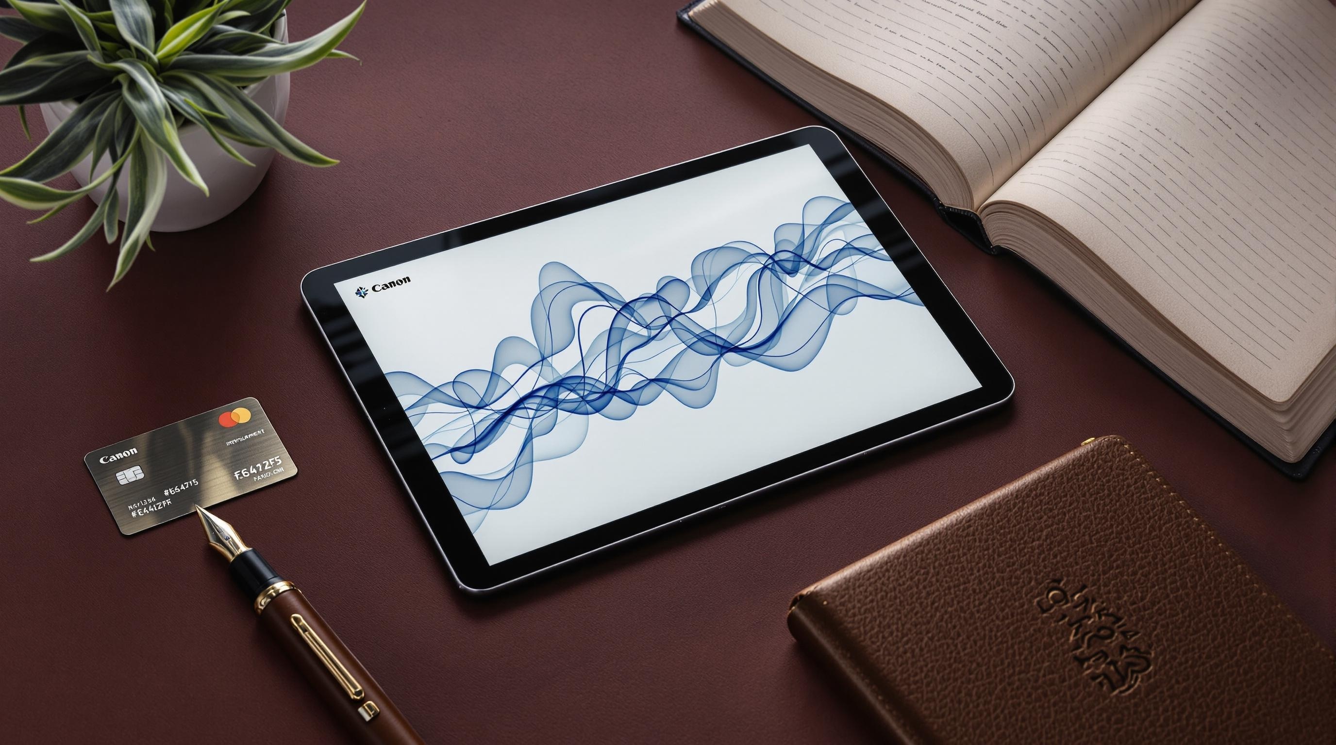 Tablet displaying abstract design, credit card, fountain pen, notebook, and potted plant on a desk.