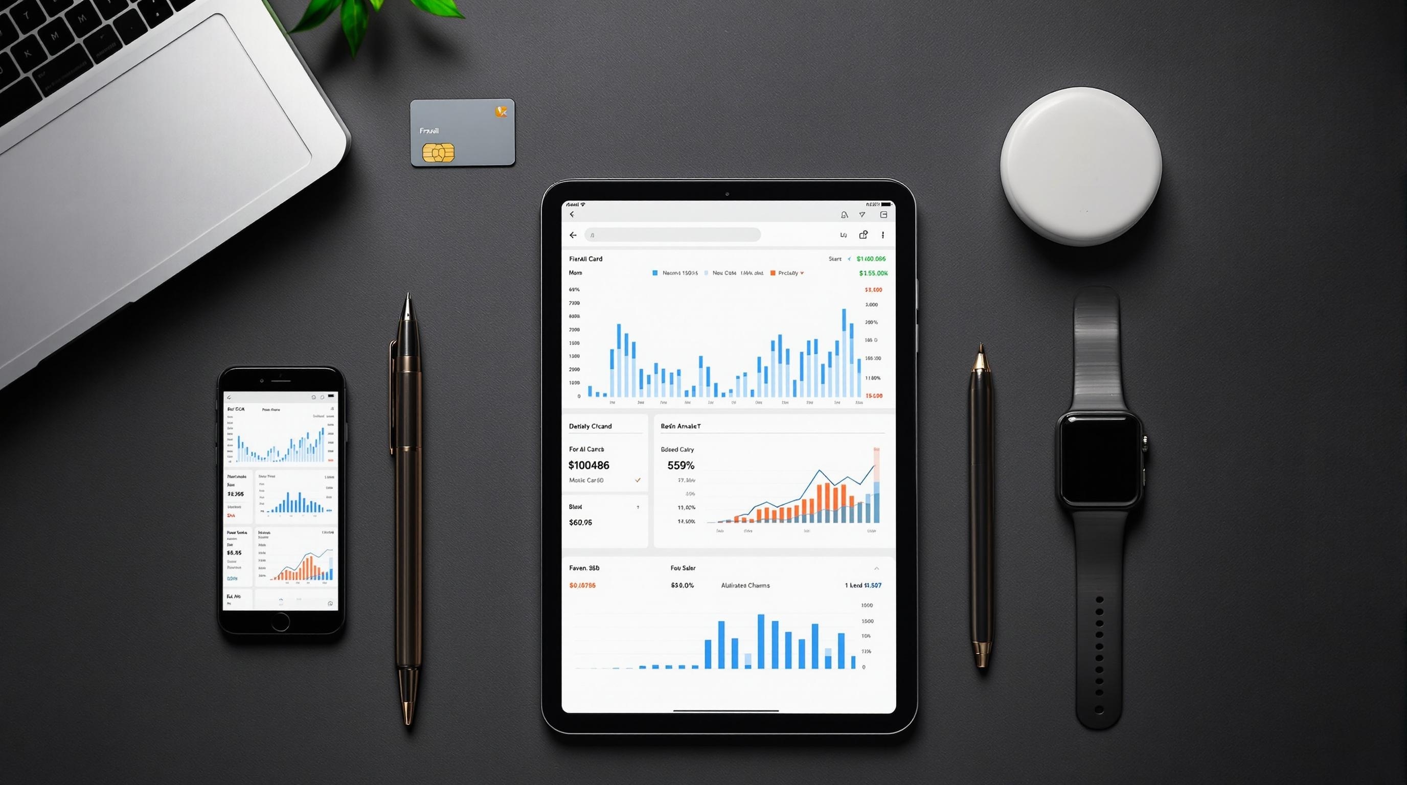 Modern workspace with a laptop, tablet, smartphone, smartwatch, and financial analysis charts on a dark surface.