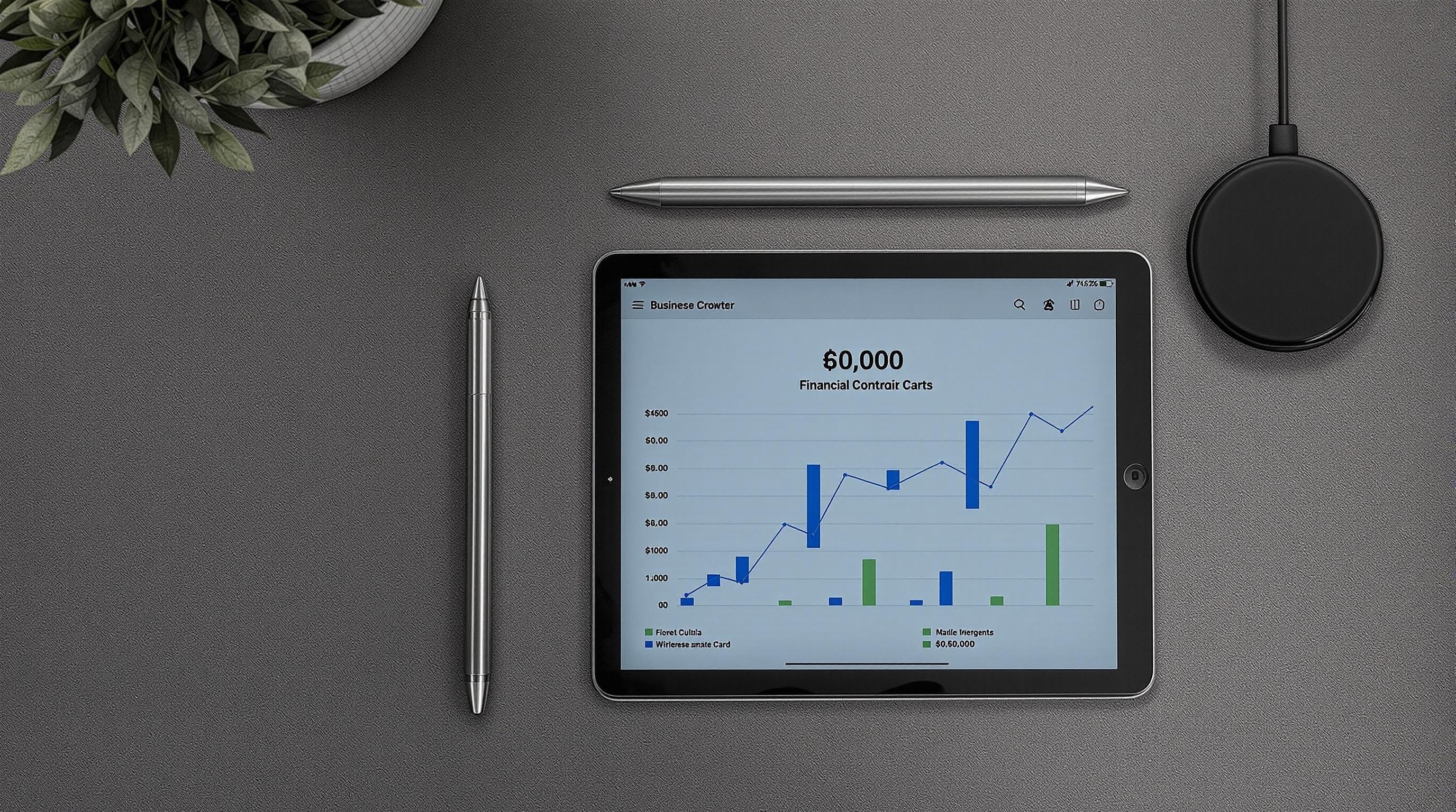 Tablet displaying financial data with graphs, alongside a plant and writing utensils on a dark surface.