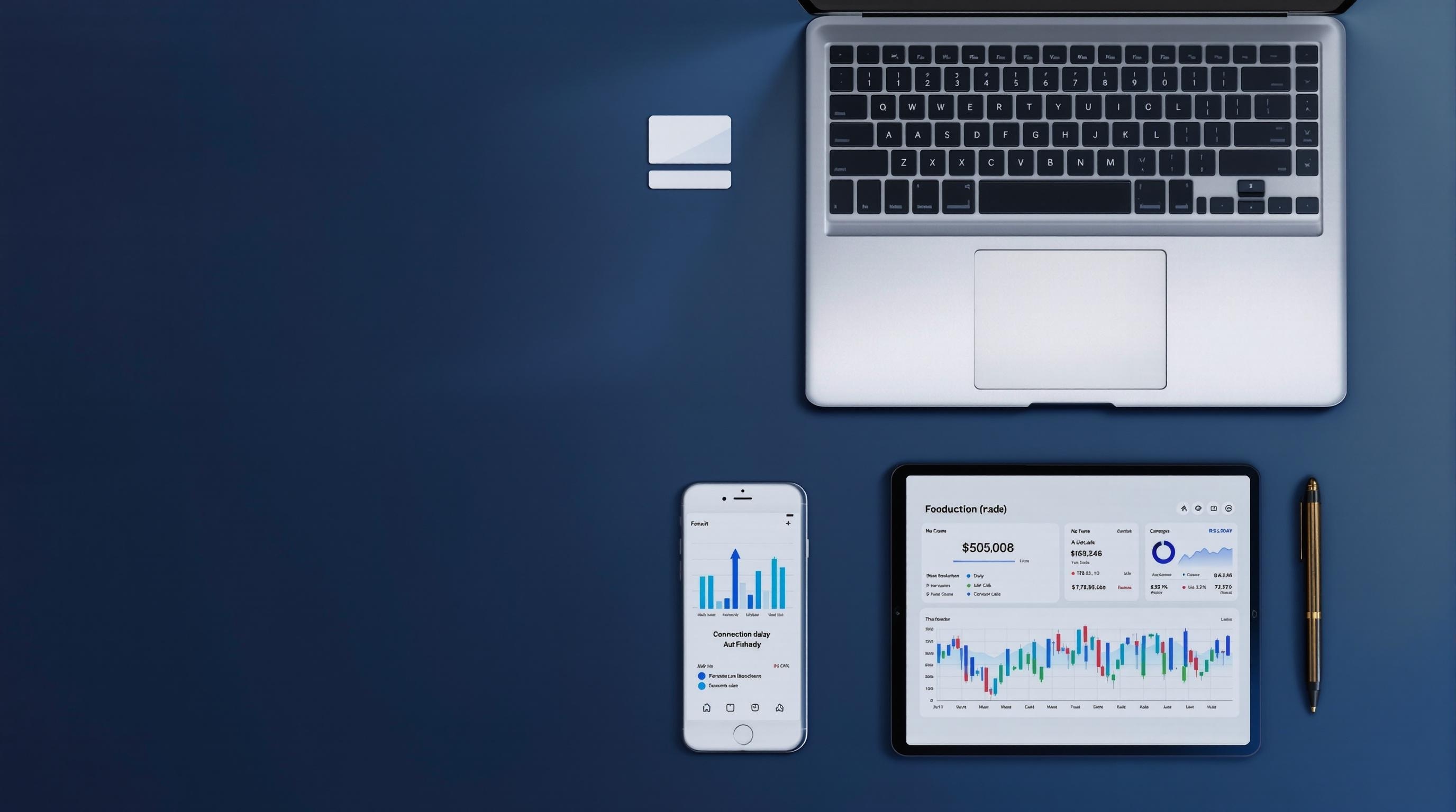Laptop, smartphone, and tablet displaying financial graphs and charts on a blue background with a credit card.