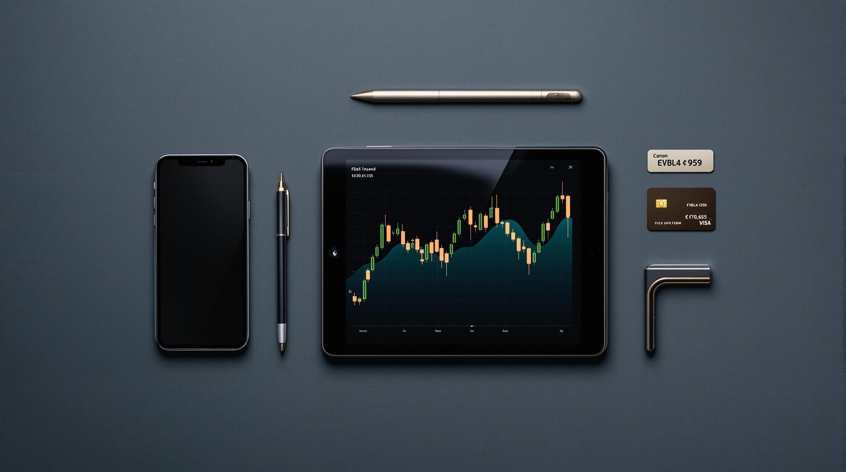 Smartphone, tablet with financial chart, pen, and credit cards on a dark surface, symbolizing finance and technology.