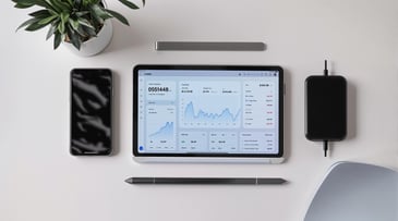 Tablet with financial dashboard beside smartphone, stylus, and charger on a desk with a plant. Modern workspace setup.