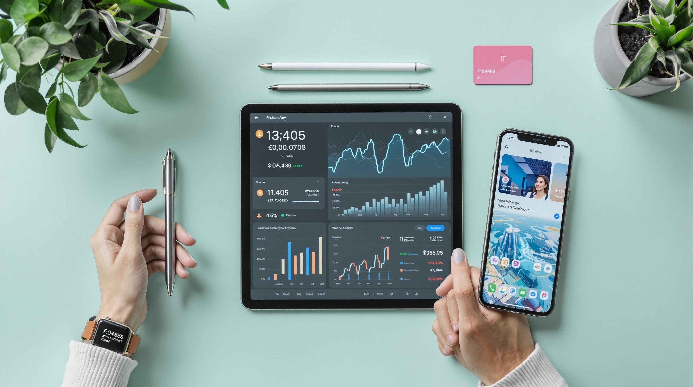 A person holding a pen while analyzing financial data on a tablet and smartphone, surrounded by plants and stationery.