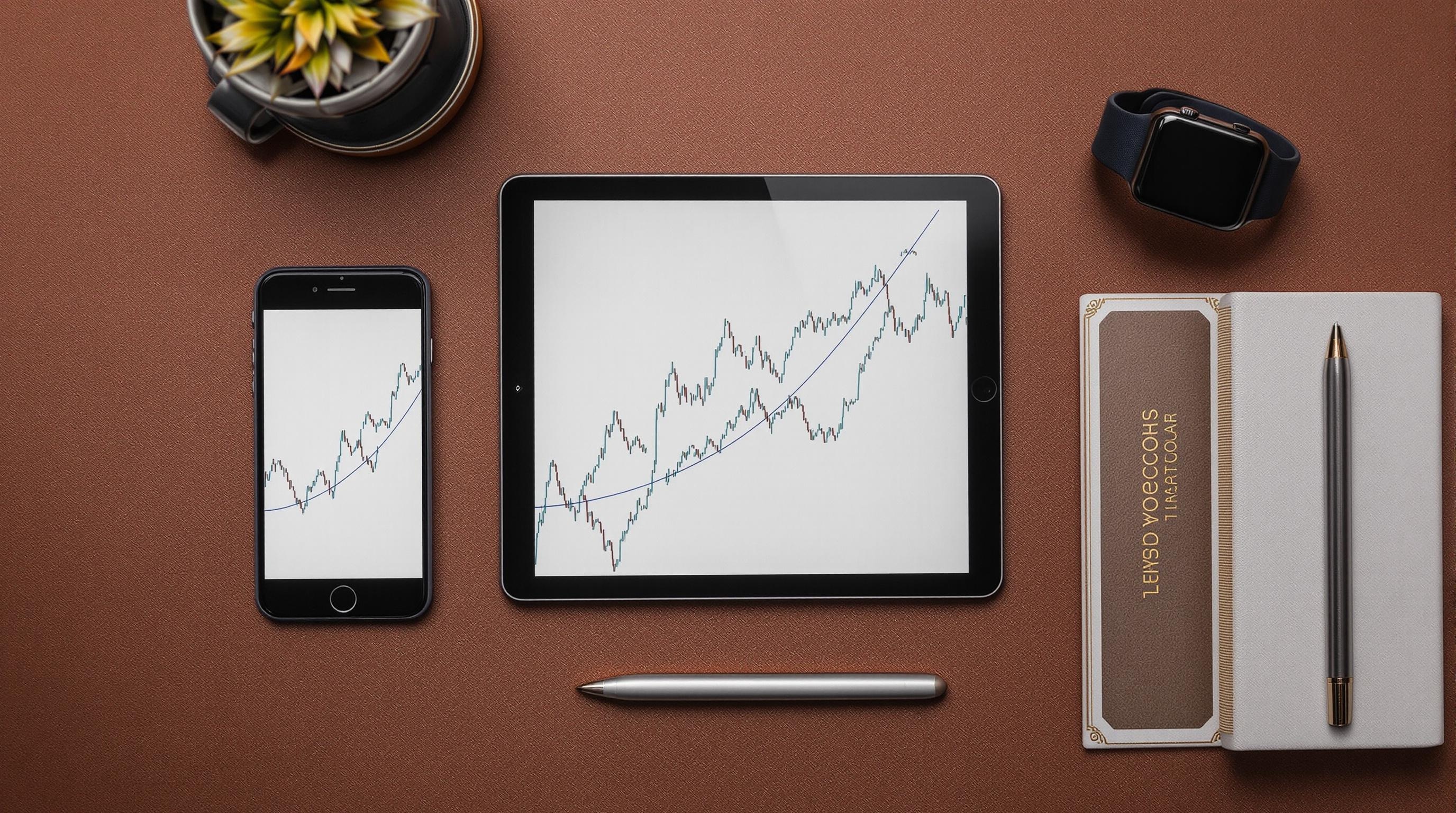 Smartphone and tablet displaying stock market graphs on a brown surface with a pen and decor, ideal for finance themes.