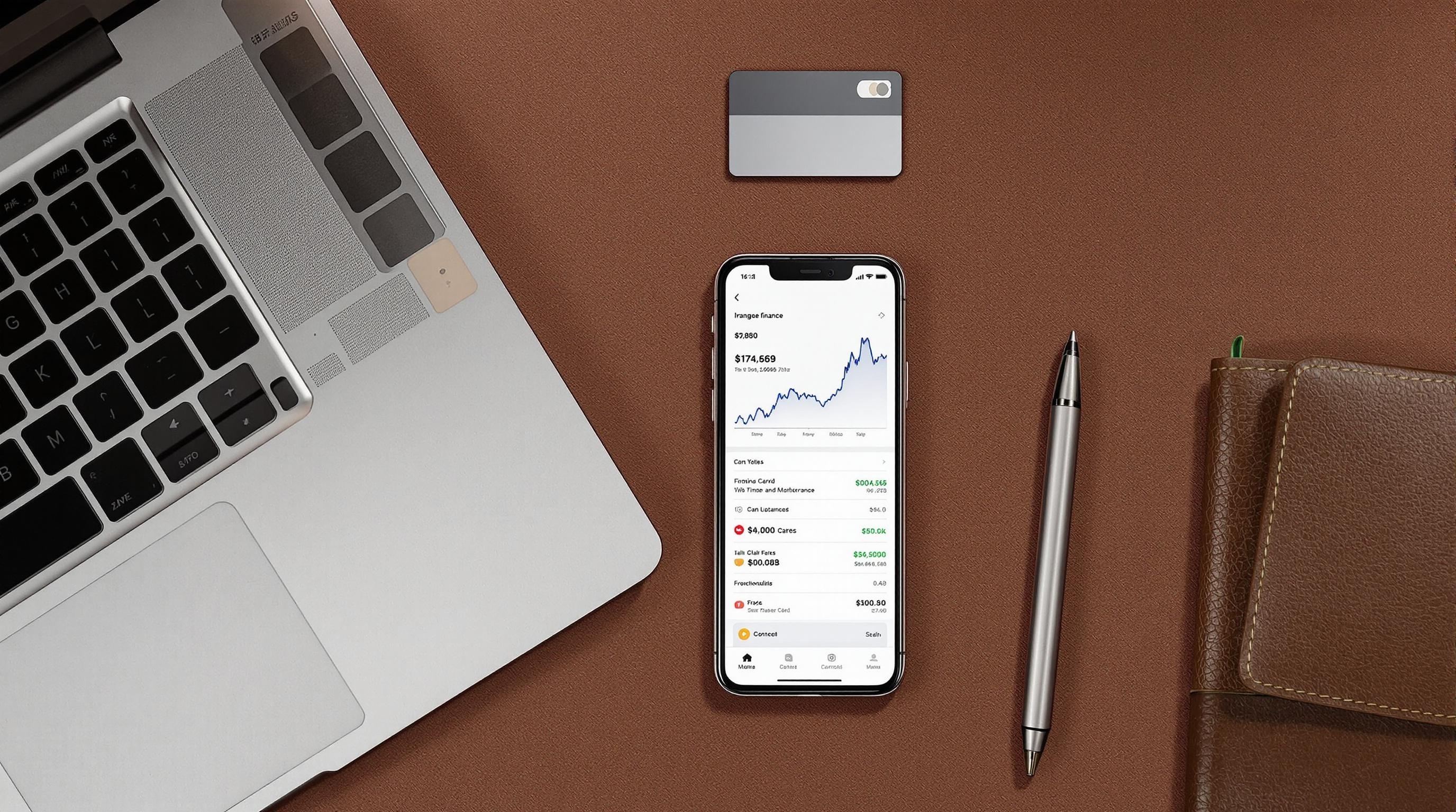 Smartphone displaying financial app data, laptop keyboard, credit card, pen, and wallet on brown surface.