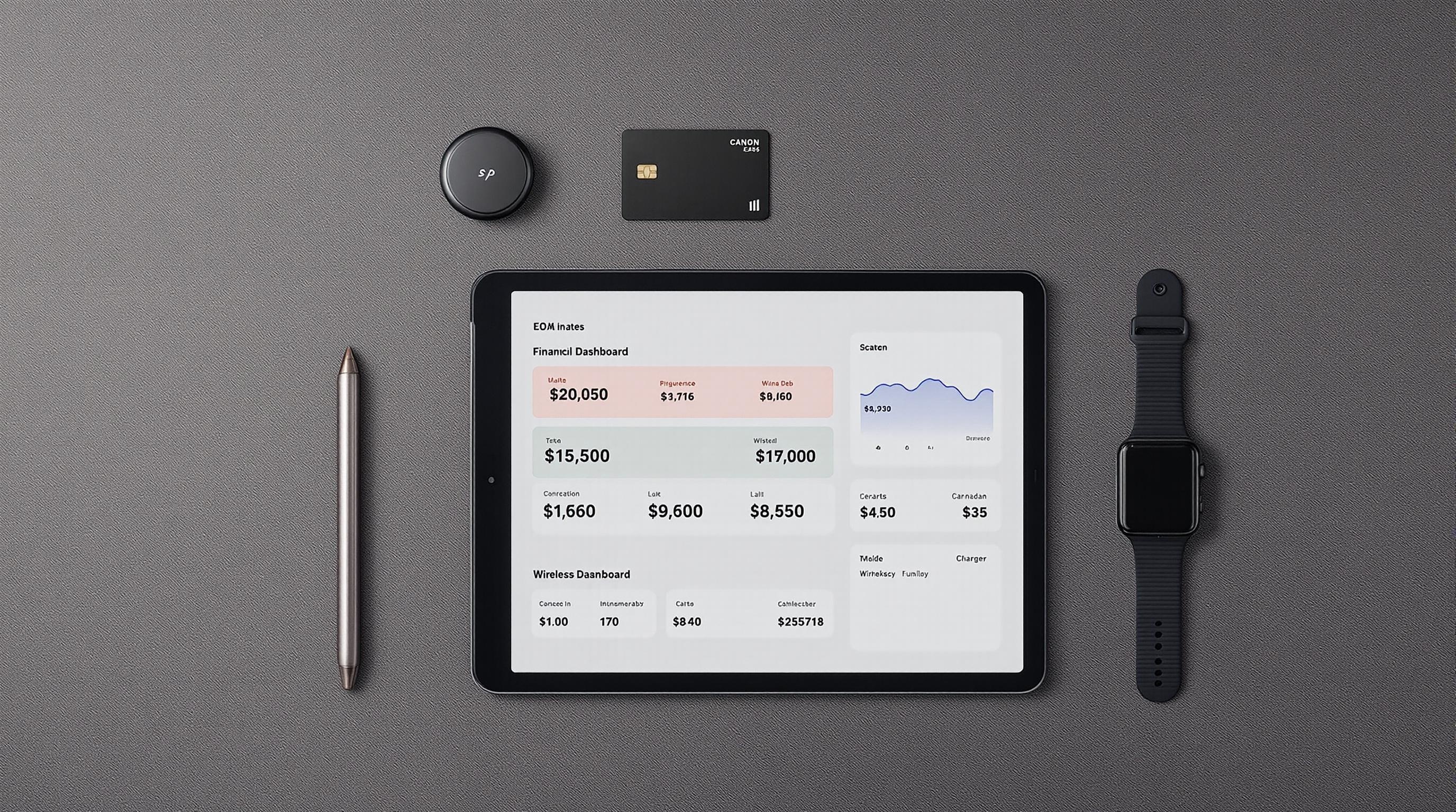 Financial dashboard displayed on a tablet, with a pen, smartwatch, and credit card on a gray surface.