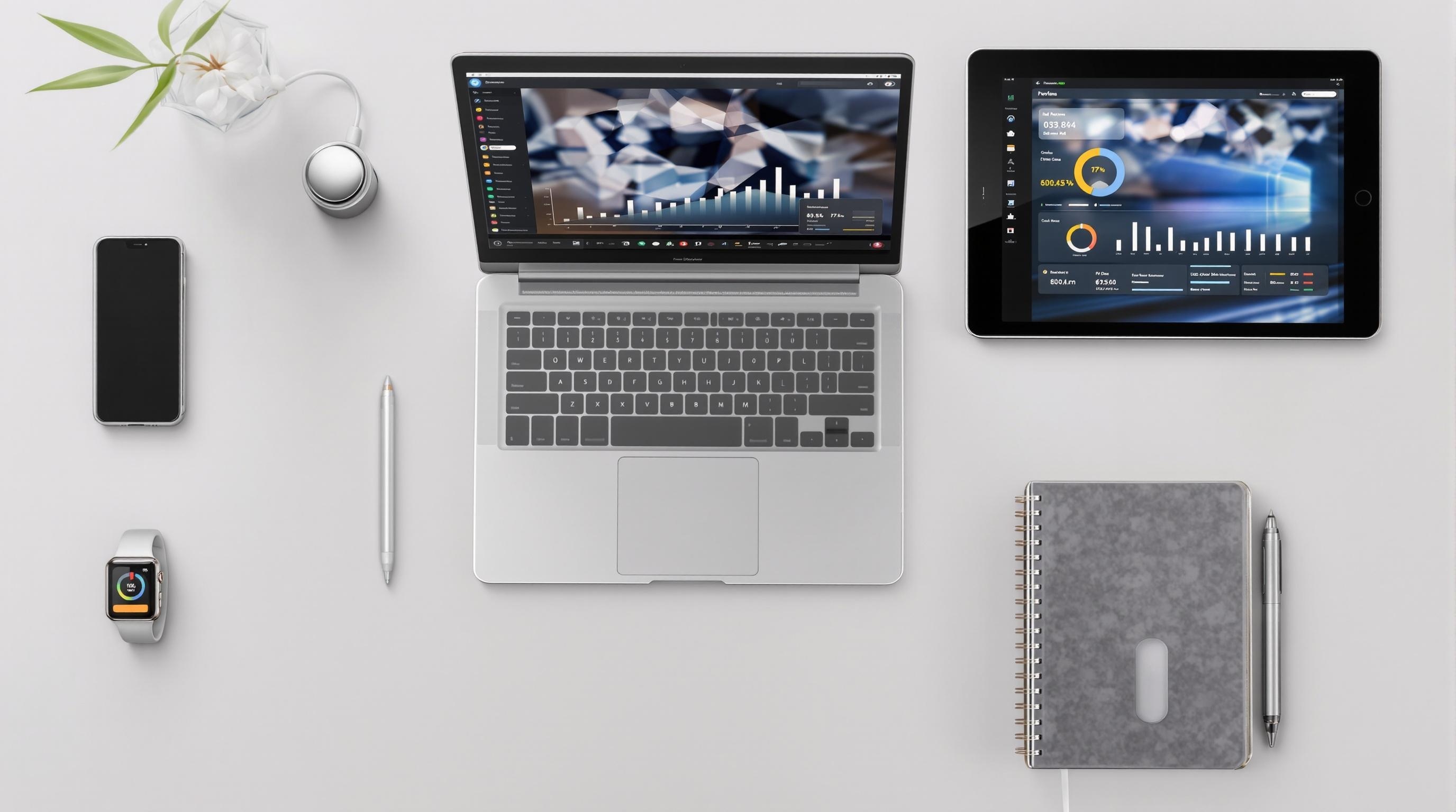 Flat lay of a workspace featuring a laptop, tablet, smartphone, smartwatch, pen, and notebook with modern design elements.