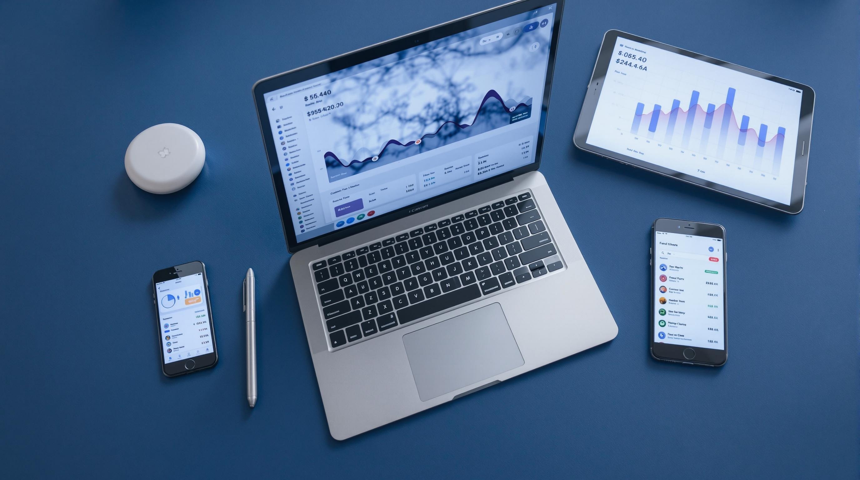 Flat lay of a tablet displaying graphs, pens, smartphone, and debit card on a purple surface, ideal for business concepts.