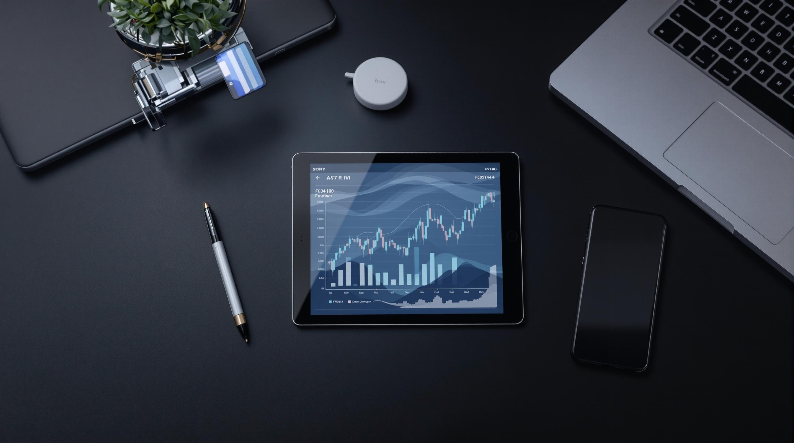 Top view of a tablet displaying stock market graphs on a sleek workspace with a laptop, smartphone, and pen.