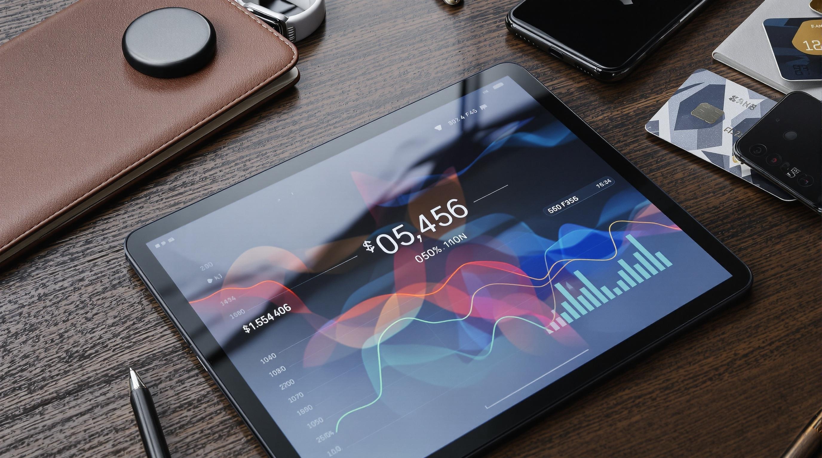 Graphic tablet displaying financial data with colorful charts, surrounded by cards and a pen on a wooden table.