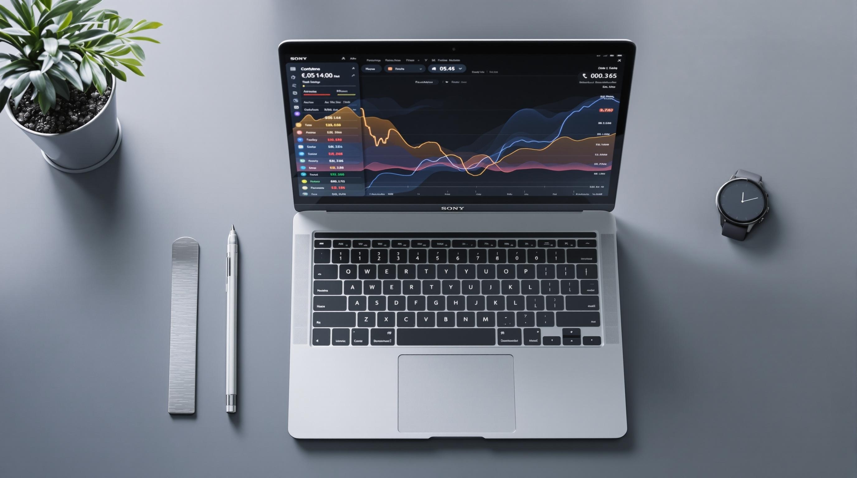 Laptop on a desk displaying data analytics graphs, accompanied by a plant, pen, ruler, and smartwatch.