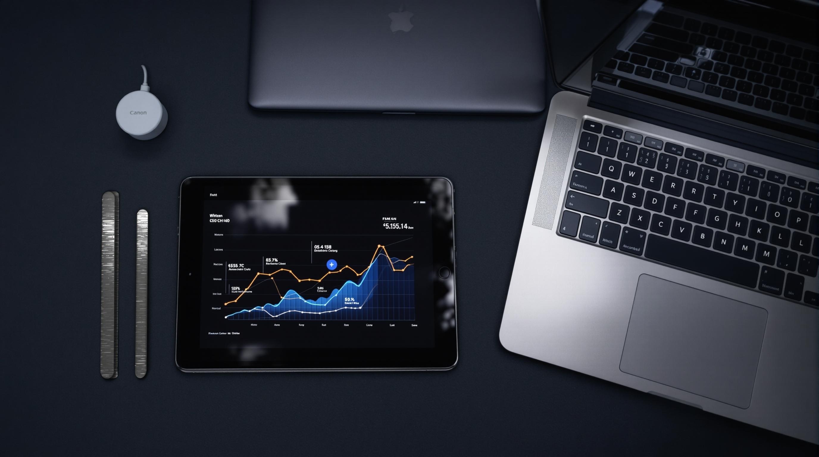 Laptop and tablet showcasing data visualization charts on a dark workspace, highlighting productivity tools and tech.